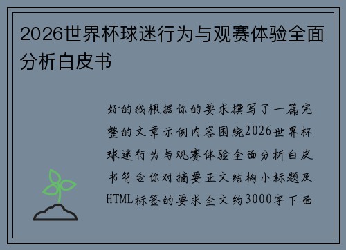2026世界杯球迷行为与观赛体验全面分析白皮书