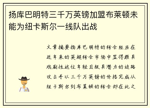 扬库巴明特三千万英镑加盟布莱顿未能为纽卡斯尔一线队出战